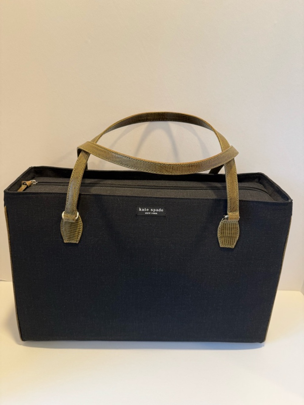 Vintage Kate Spade Black Linen Tote with Olive Lizard-Embossed Handles